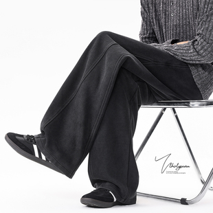 斜切拼接直筒阔腿裤 美式 子 男秋季 V37高街复古水洗黑宽松弯刀卫裤