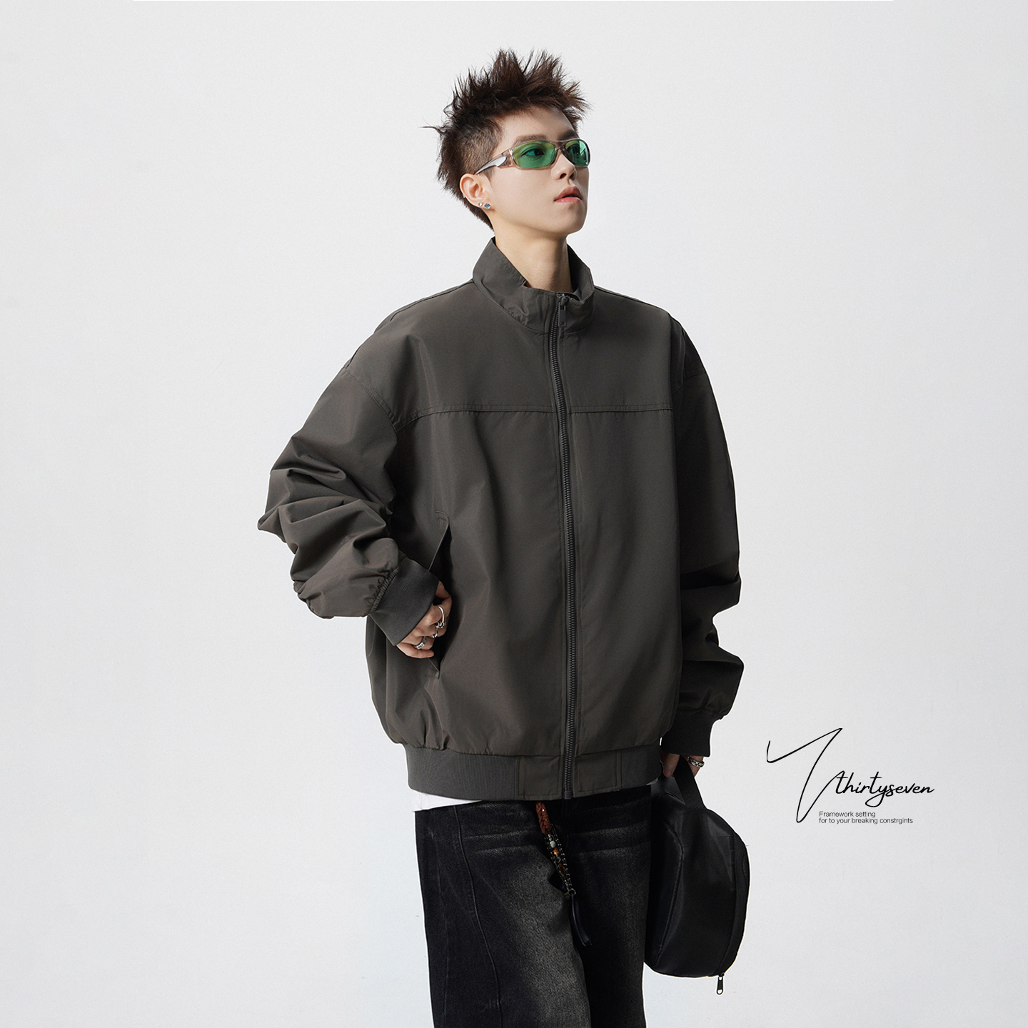 美式cleanfit纯色立领教练夹克男