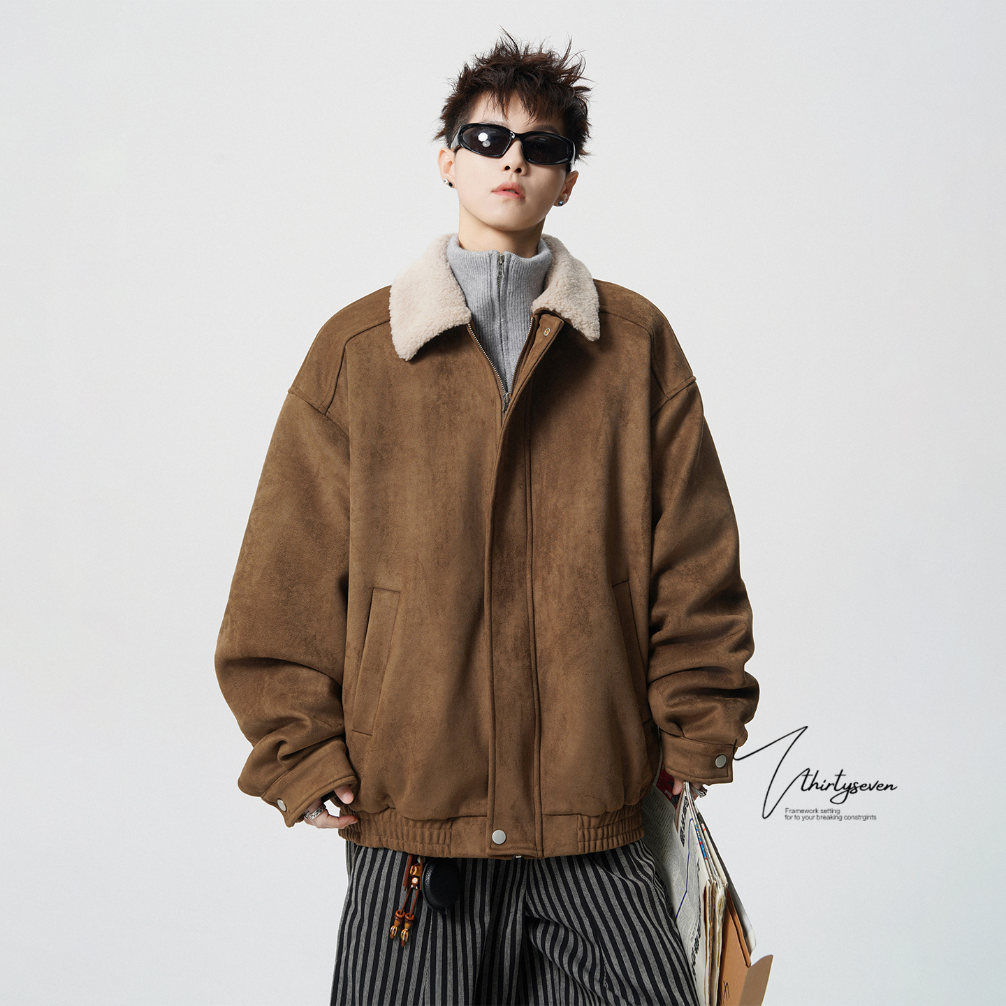 V37美拉德咖色羊羔毛翻领棉服男冬美式重磅宽松加厚保暖棉衣外套