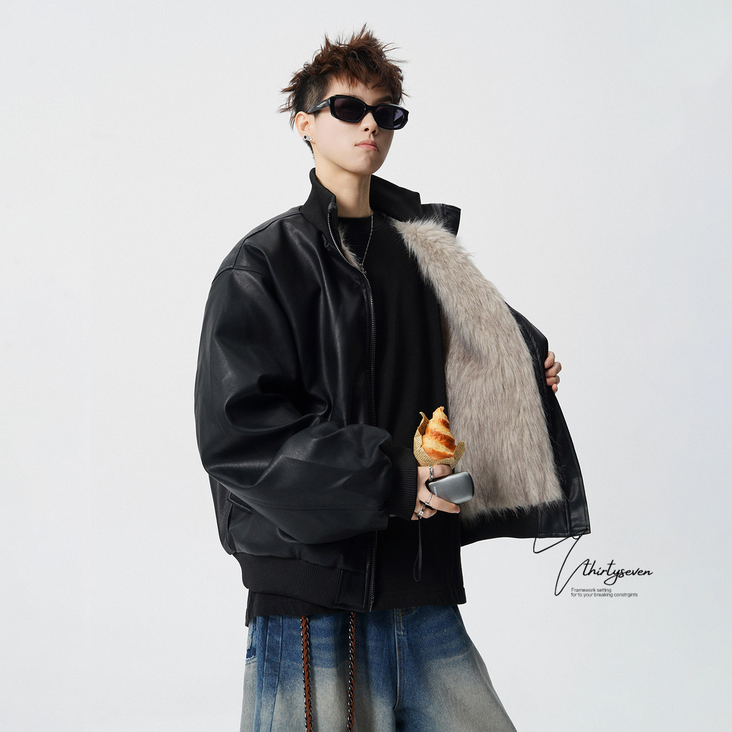 高街痞帅bomber皮夹克棉服男款