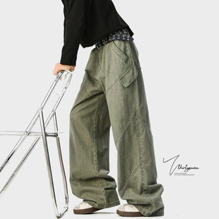 潮牌复古风宽松休闲裤 男秋美式 子 裤 V37设计感解构剪裁军绿色工装