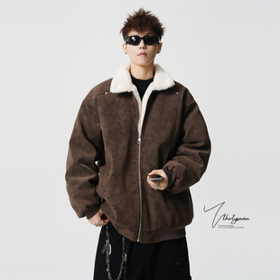 V37高街解构拼接加厚皮夹克棉服男冬季 设计感羊羔毛翻领棉衣 美式
