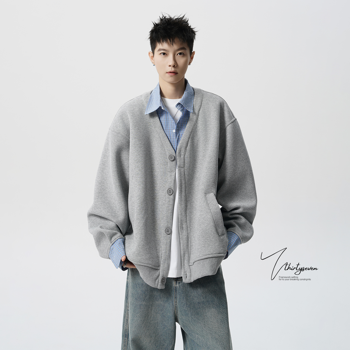 美式格子拼接开衫卫衣男