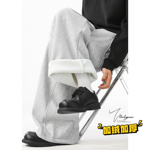 V37秋冬加绒加厚宽松直筒休闲裤 男潮牌高街解构休闲运动弯刀卫裤