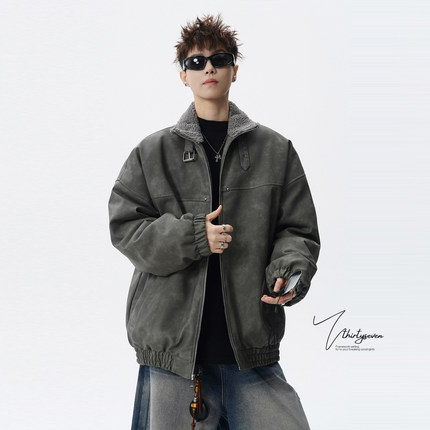 V37美式潮牌皮毛一体设计感棉服外套男冬季宽松加绒加厚保暖棉衣