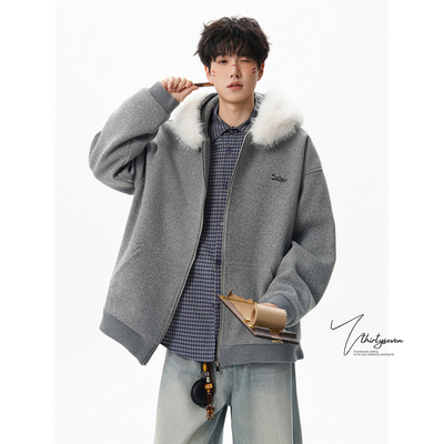 设计感灰色毛领连帽卫衣外套男