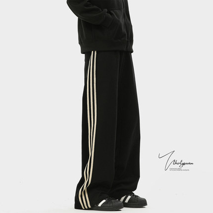 V37美式条纹运动卫裤男秋季cleanfit阔腿裤潮牌宽松加绒休闲长裤