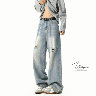 V37夏季美式破洞牛仔裤
