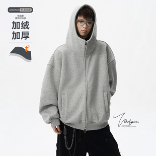 V37美式 情侣外套 重磅加绒加厚连帽卫衣男冬高街vibe宽松拉链开衫