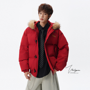 V37美式 潮流高街加厚棉衣情侣保暖外套 复古红色毛领派克服男冬季