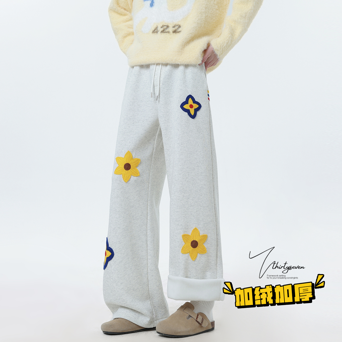 V37美式潮牌花卉贴布刺绣阔腿卫裤男冬加绒加厚宽松休闲直筒长裤