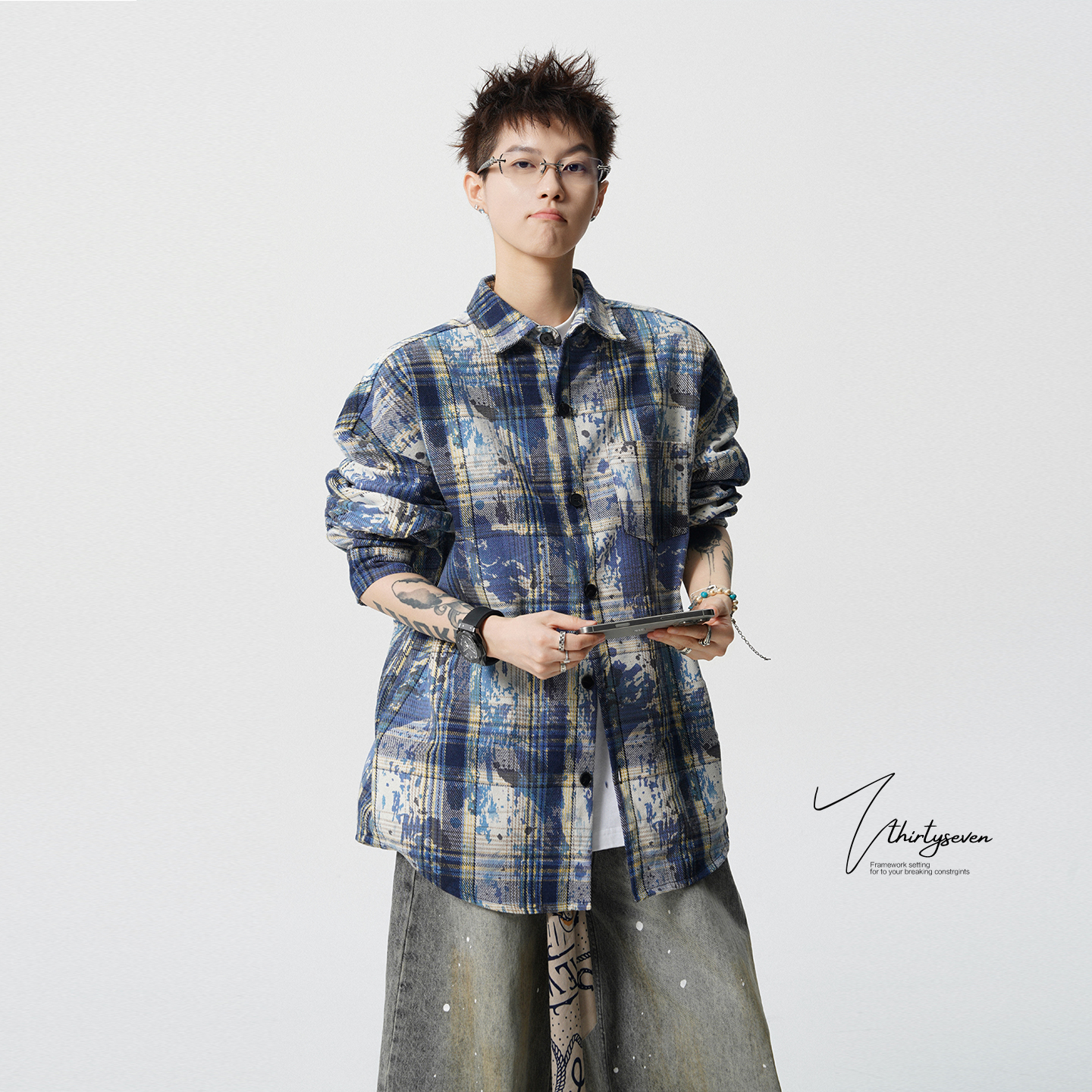 美式复古扎染格子衬衫