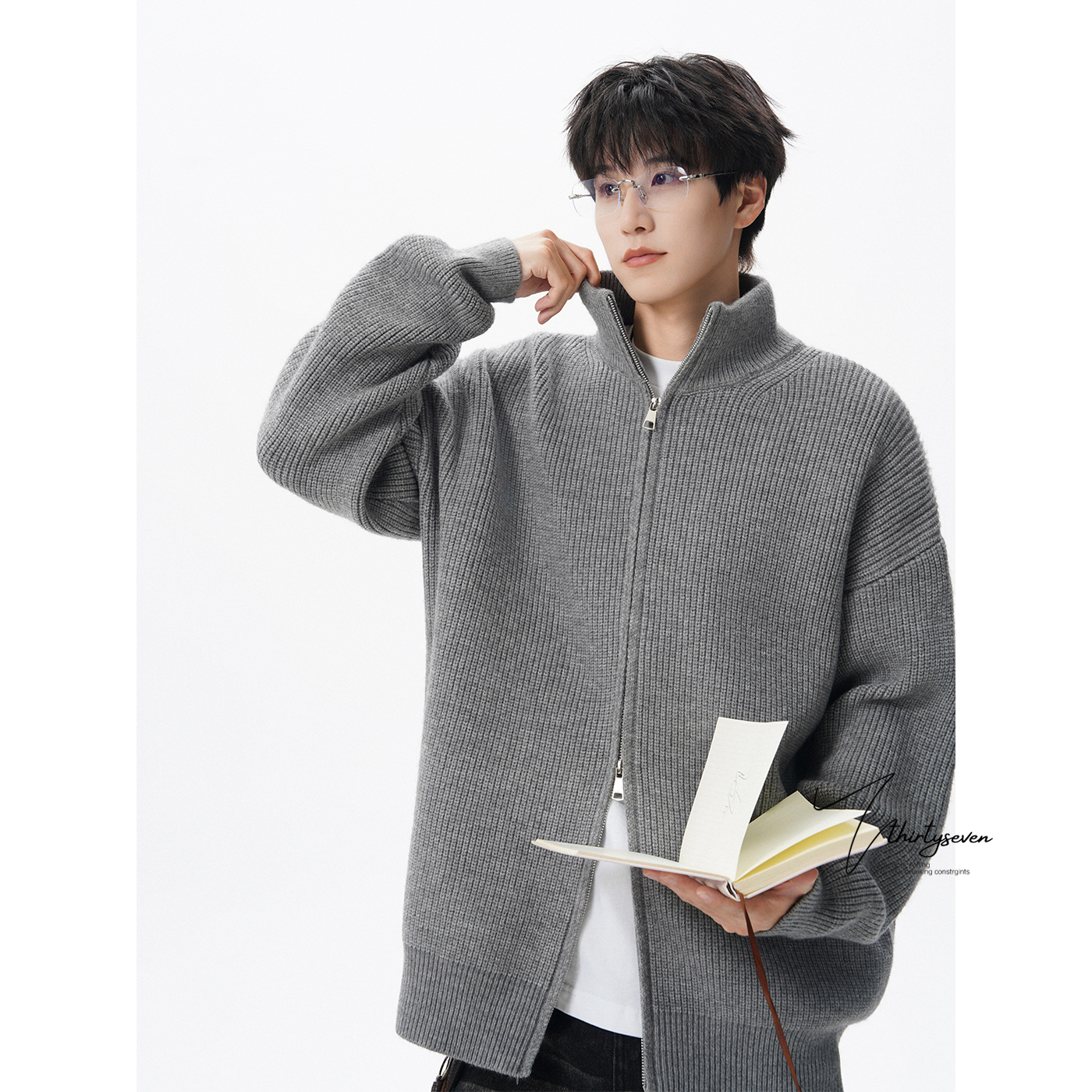 美式重磅立领双开拉链针织开衫男