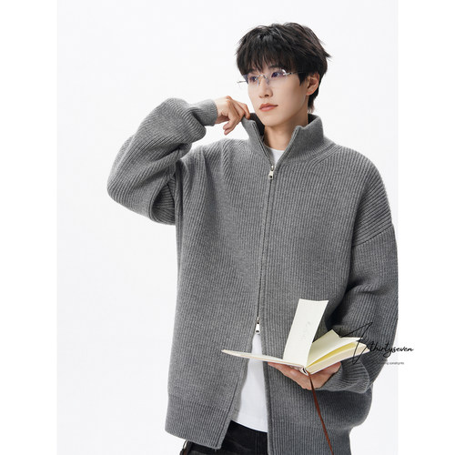 美式重磅立领双开拉链针织开衫男