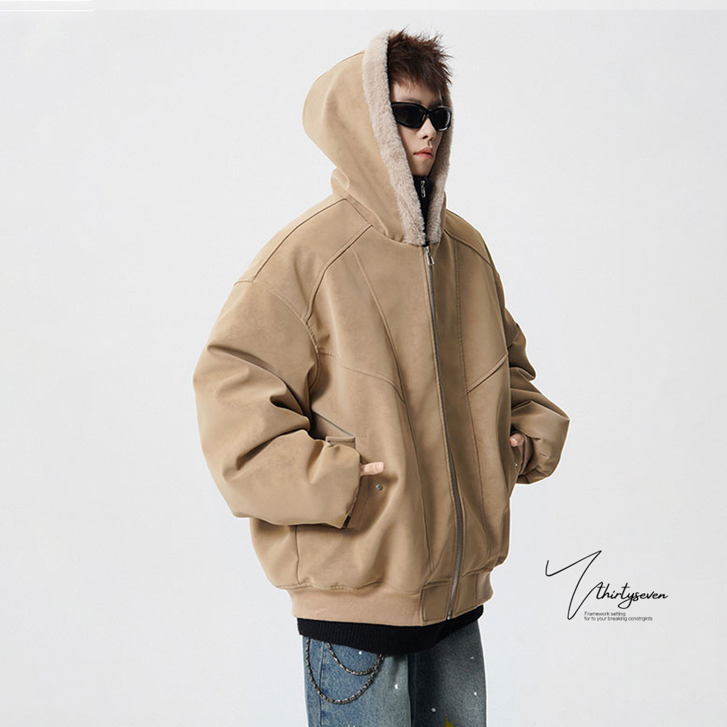 美式重磅解构拼接PU皮棉衣男款