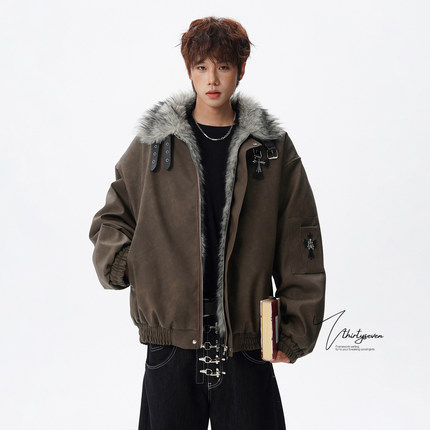 V37美式十字架加厚座山雕毛领棉衣男冬季保暖设计感宽松夹克外套