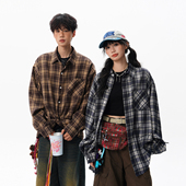 V37美式 男春潮牌学院风少年感衬衣高街潮流情侣外套 复古格子衬衫