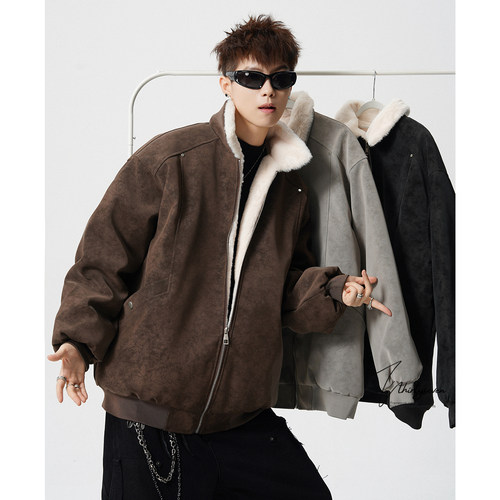 美拉德咖色设计感铆钉皮棉服男