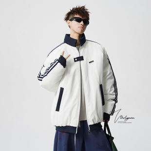V37美式撞色三条杠立领夹克棉服男款冬季潮牌青少年加厚运动棉衣