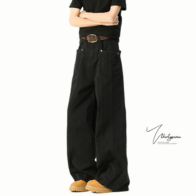 V37美式cleanfit黑色工装裤子