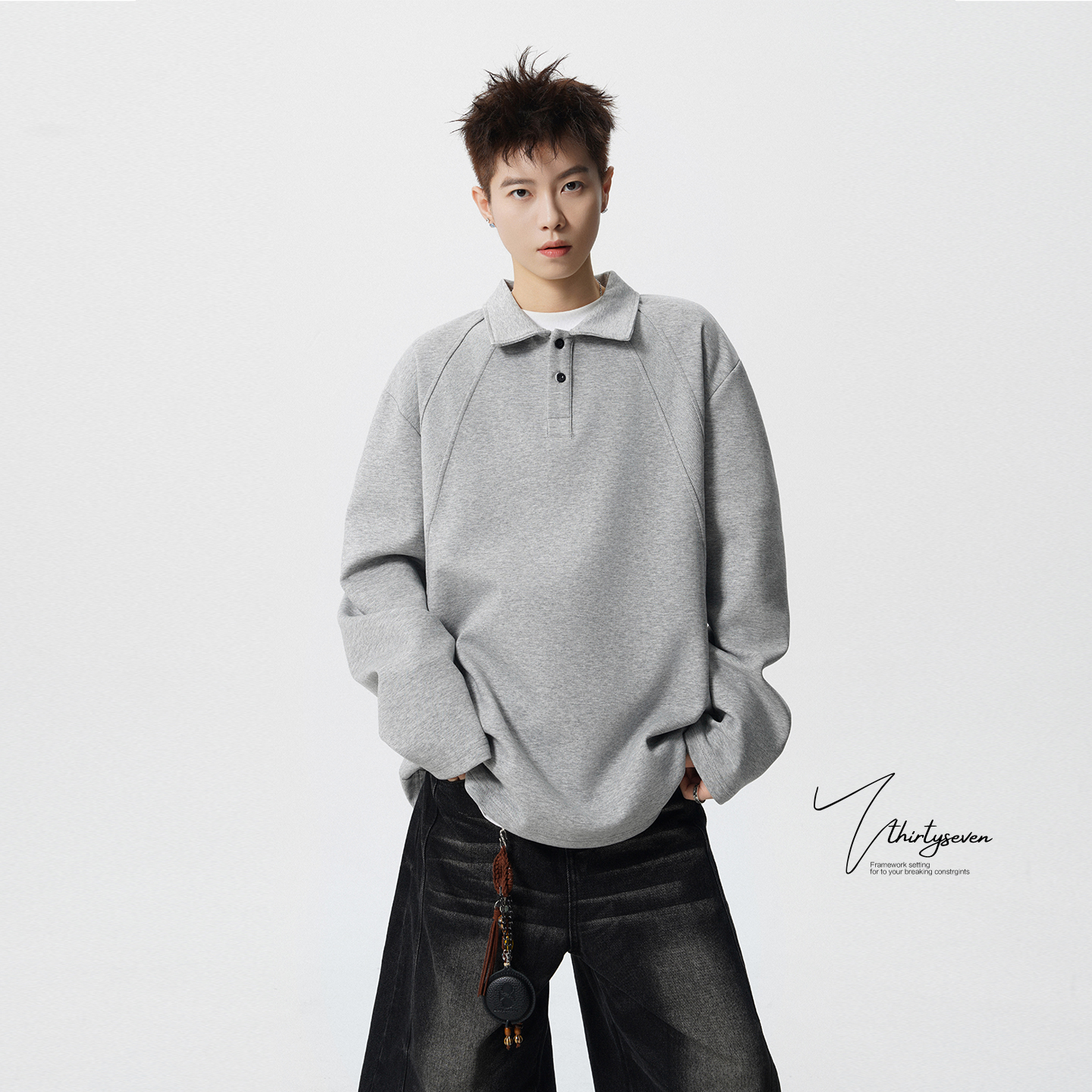 美式复古拼接翻领卫衣