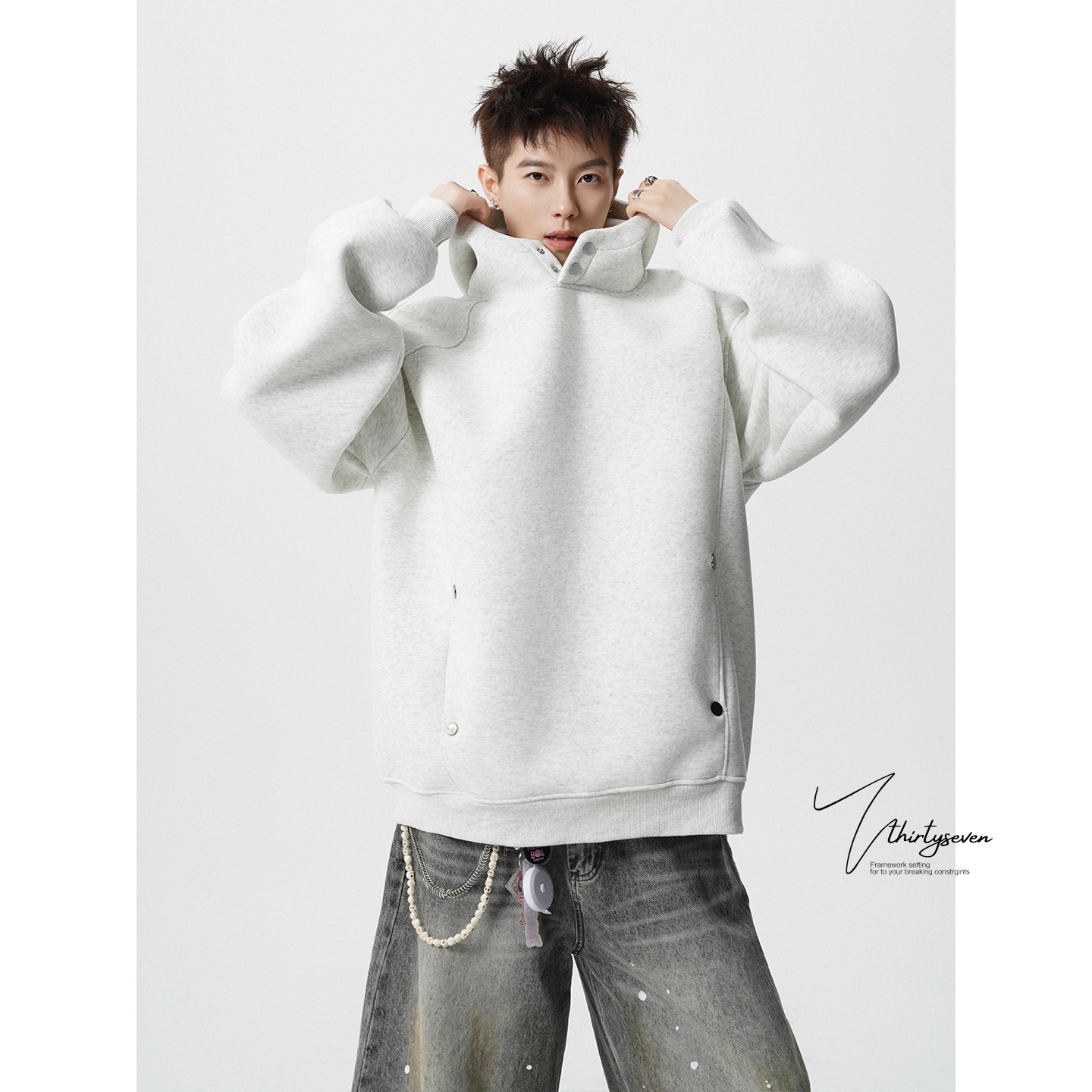 美式重磅廓形按扣连帽卫衣男