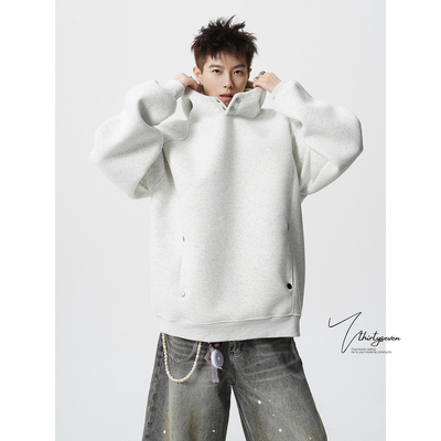 美式重磅廓形按扣连帽卫衣男