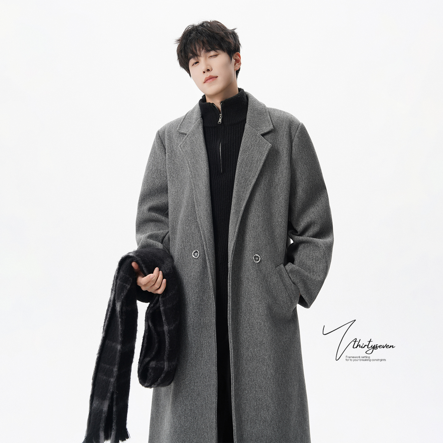 英伦风深灰色中长款毛呢大衣男冬