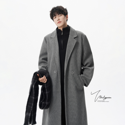 英伦风深灰色中长款毛呢大衣男冬