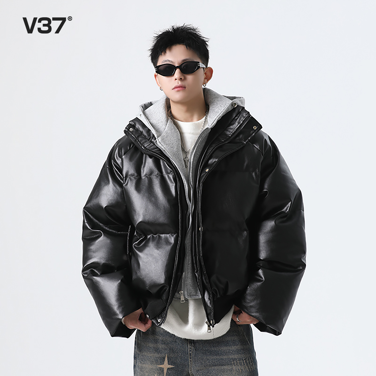 V37假两件pu皮衣棉服外套