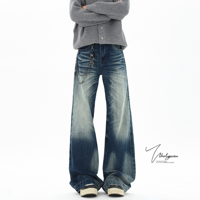 美式复古蓝色水洗做旧牛仔裤男冬