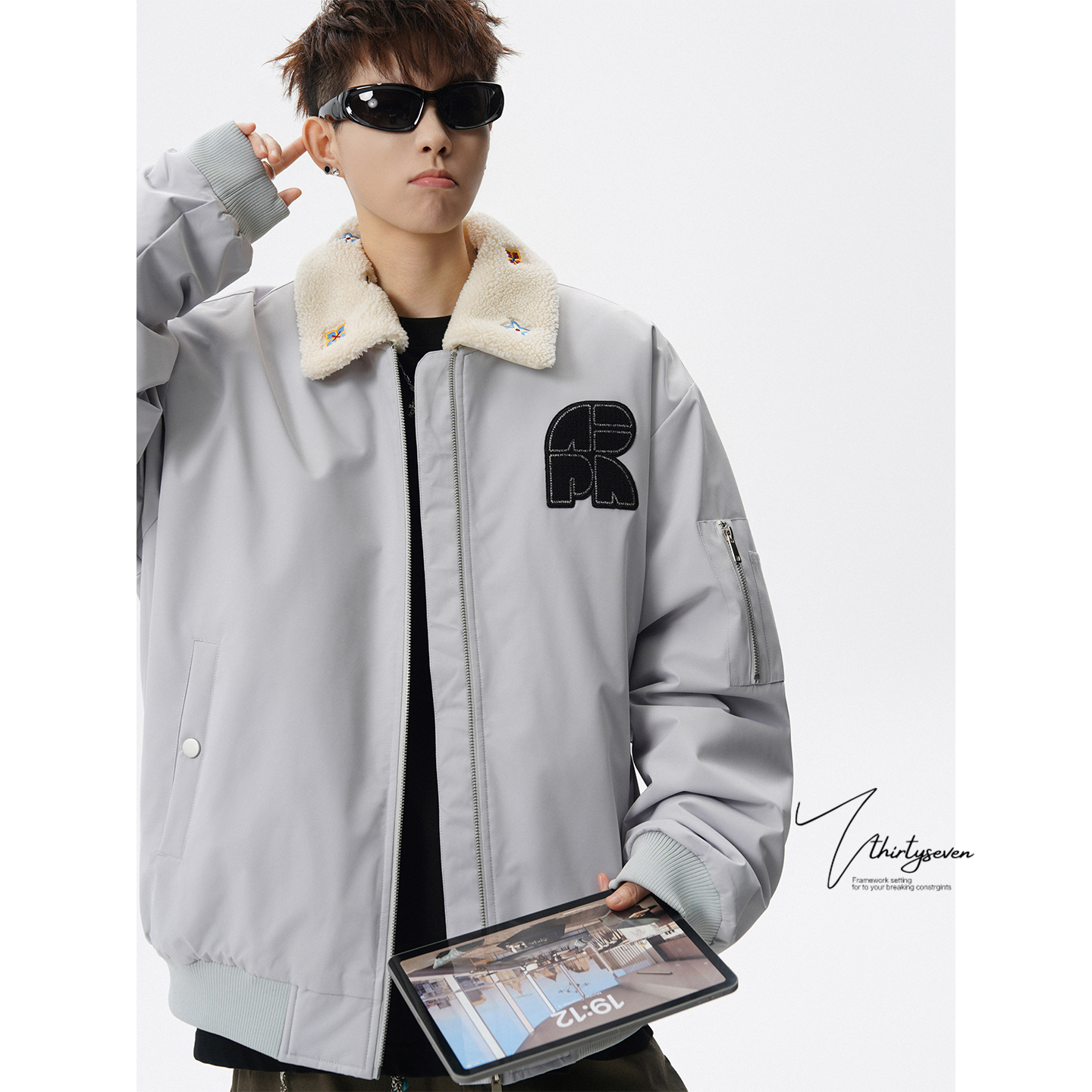 美式可拆卸羊羔毛翻领加厚棉衣