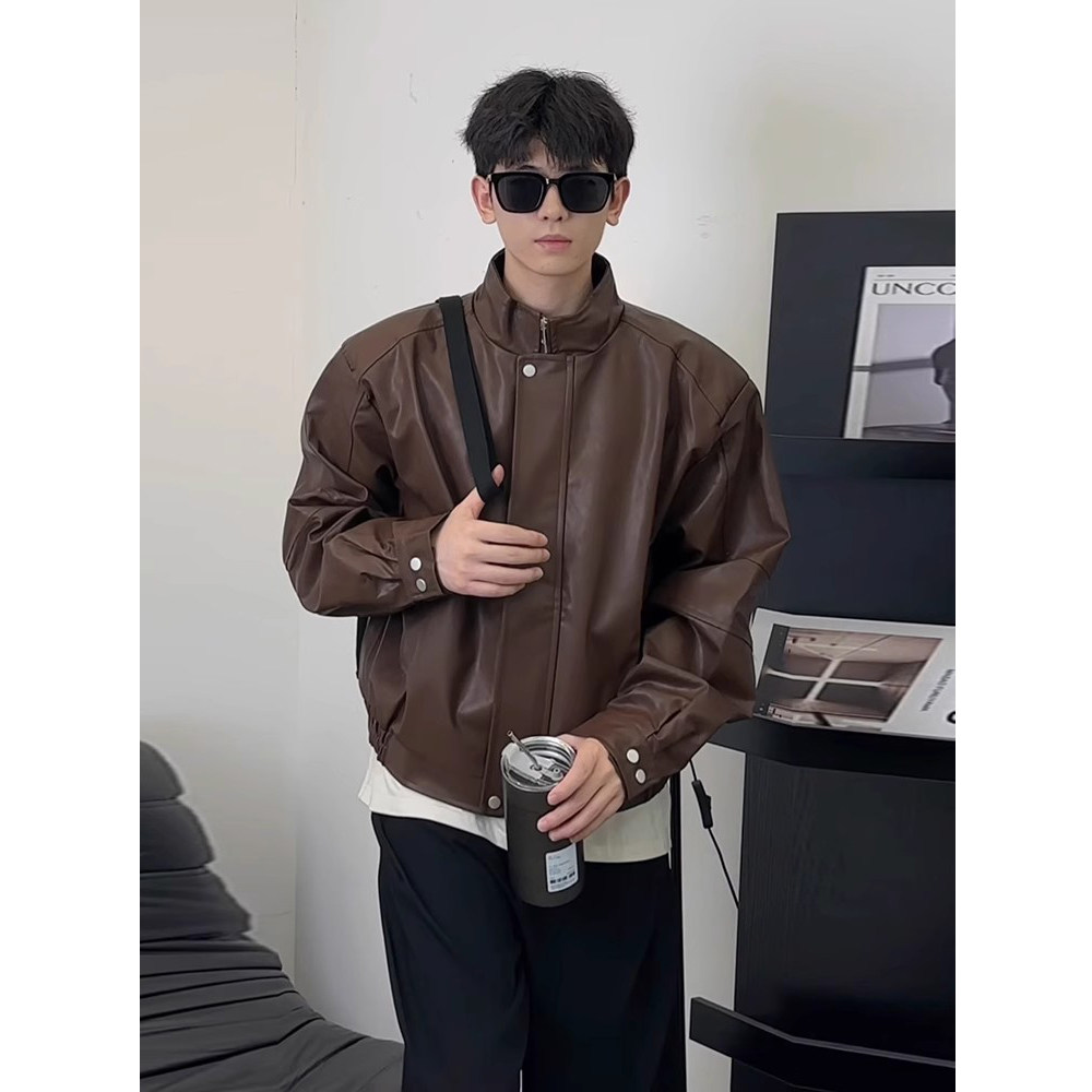 美拉德棕色皮衣外套男痞帅风美式