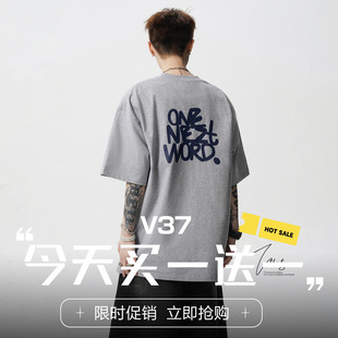 V37潮牌青少年印花五分袖T恤男款夏季美式街头宽松慵懒短袖体恤衫