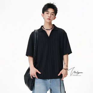 高级感黑色提花针织POLO衫男款春季美式潮牌宽松休闲翻领短袖T恤