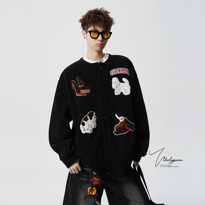 美式高街小狗毛巾绣棒球服夹克男