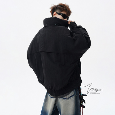 V37美式黑色立领短款羽绒服