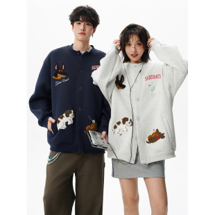 V37美式 潮牌宽松棒球服夹克复古情侣外套 小狗毛巾绣卫衣男女秋季