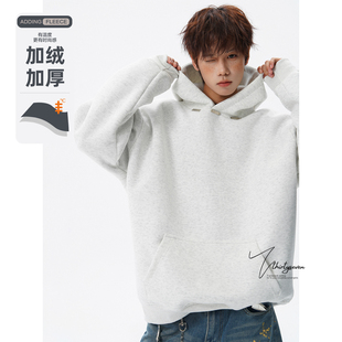 V37美式潮牌金属标白花灰色连帽卫衣男冬季加绒加厚宽松套头上衣