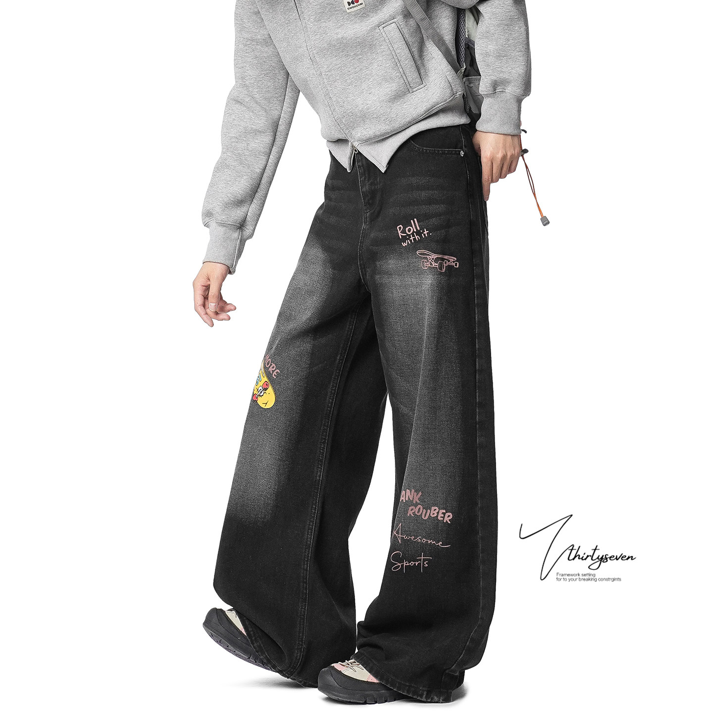 V37美式卡通字母印花牛仔裤男春宽松直筒阔腿裤设计感街头休闲裤