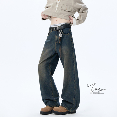 美式复古蓝做旧水洗牛仔裤男