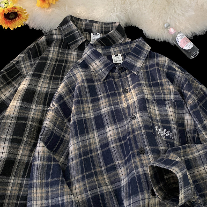 日系复古基础款格子长袖衬衫男夏季cityboy潮流新款宽松衬衣外套