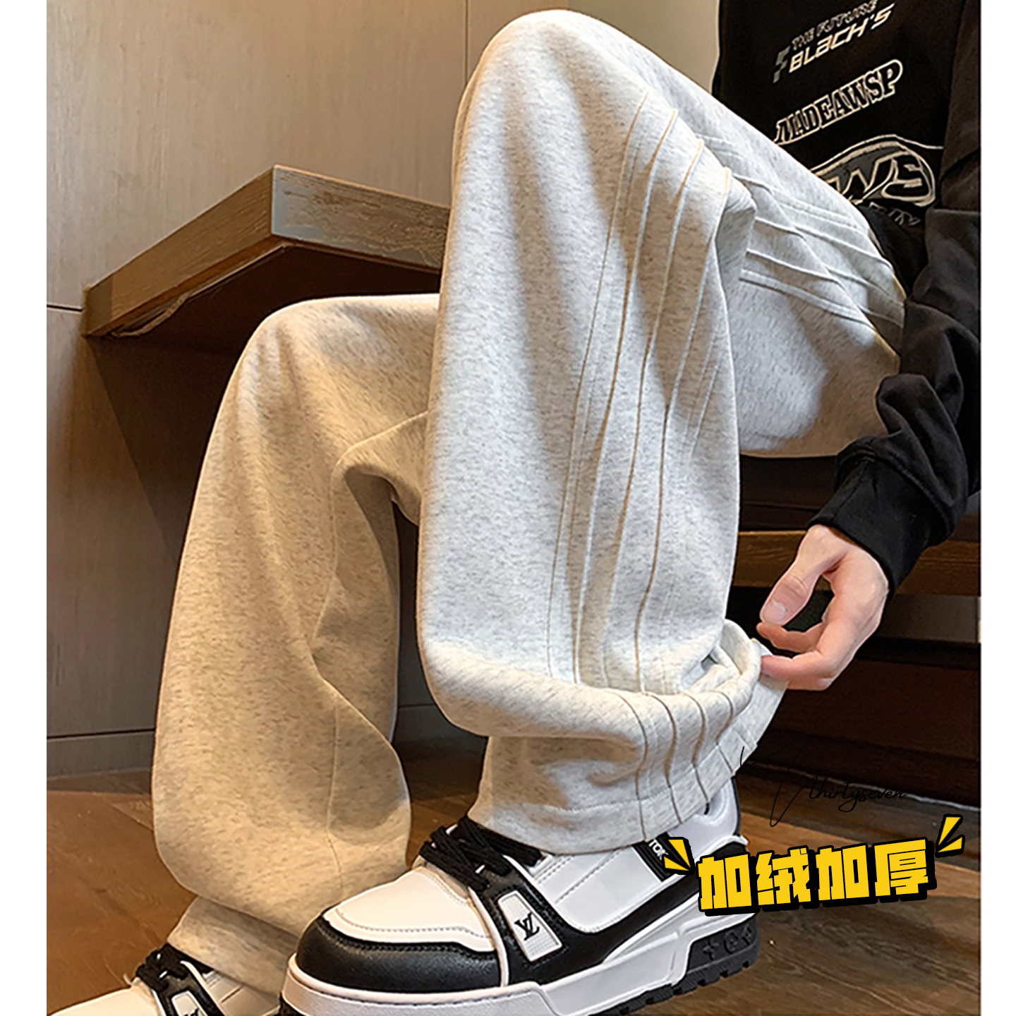 美式白花灰褶皱设计感卫裤男