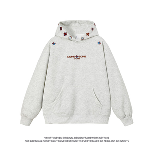 V37美式 潮流重磅潮流宽松休闲上衣 设计感小众刺绣连帽卫衣男春季