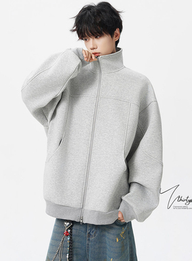 V37470G重磅立领夹克男秋季美式宽松高级感百搭拉链灰色连帽卫衣