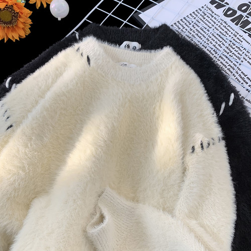 慵懒感水貂绒圆领毛衣男