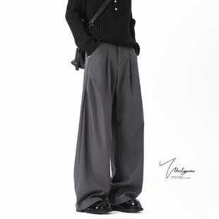 潮流休闲垂感阔腿长裤 男春季 老钱风深灰色褶皱宽松休闲裤 V37美式