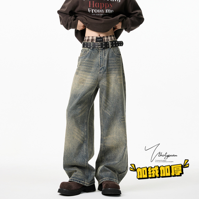 美式复古水洗做旧直筒牛仔裤