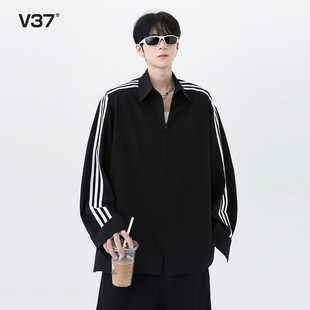 新款 V37美式 條紋設(shè)計(jì)感寬松休閑襯衣外套 秋季 男款 學(xué)院風(fēng)長(zhǎng)袖 襯衫