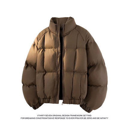 V37美式咖色复古方格高级感立领棉衣男冬痞帅加厚保暖廓形面包服